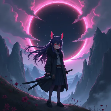 (1 girl, ), anime, right eye red and left eye gray, long hair, purplish black hair, ears pointing, tail, black furry jacket, carrying a katana, has a purplish black aura, standing on a hill in between cliffs, black hole, High Resolution, High Details, UHD,...