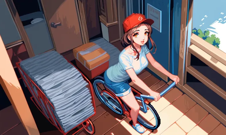 a cute 25 year old woman on a paper route bicycle, red ball cap, t-shirt, shorts, tossing newspapers at peoples homes, 8-bit retro style, vibrant colors, dynamic composition, detailed pixel art, nostalgic video game aesthetic, high quality, photorealistic,...