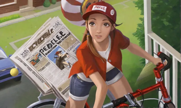 9 bit theater, a cute woman (age 25, paper route bicycle, red ball cap, t-shirt, shorts), on a bicycle tossing newspapers at peoples homes (Game PaperBoy)
