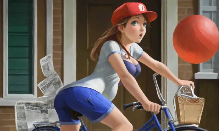 9 bit theater, a cute woman (age 25, paper route bicycle, red ball cap, t-shirt, shorts), on a bicycle tossing newspapers at peoples homes (Game PaperBoy)
