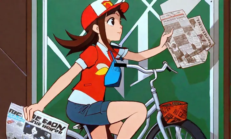 9 bit theater, a cute woman (age 25, paper route bicycle, red ball cap, t-shirt, shorts), on a bicycle tossing newspapers at peoples homes (Game PaperBoy)
