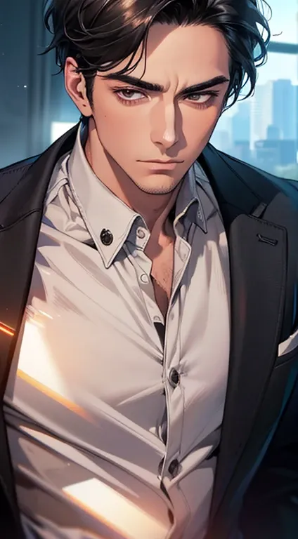 (best quality, masterpiece, 8K, photorealistic, cinematic lighting, hdr image, ultra detailed, beautiful image), a mature man, very handsome, serious, short black hair, black eyes, perfect face without errors, ((buttoning the jacket, CEO))