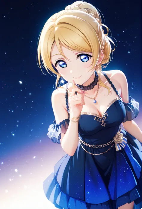 complex and detailed textures,cinematic lighting,best quality,ayase eli(love live),black layerd dress,thighhigh,blue lighting,bl...