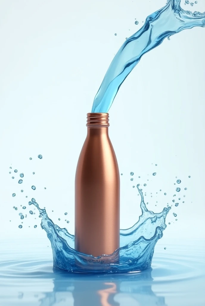 Create a image of copper water bottle like someone thrown and spilling from bottle cap and bottle is straight. Water is blue colour