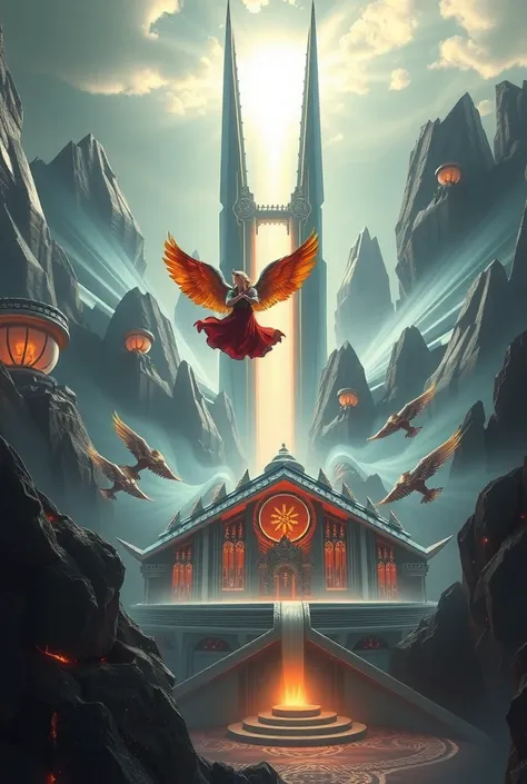 wide-angle shot in a hyper-realistic photo of an amazing majestic futuristic spiritual city in the afterlife with a big powerful angel warrior flying down in the foreground, magical light from the main building to the sky 