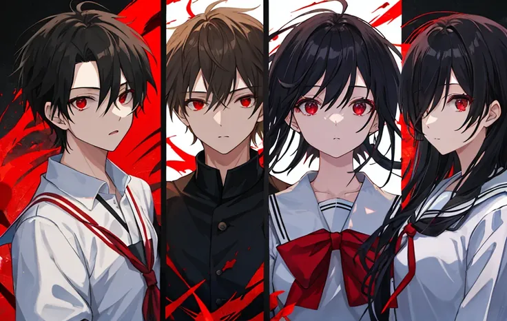 Two people, a woman and a man、Whole body reflected、Black hair、Red eyes、Square elements、Dark theme、Hanging eyes、Cool masterpiece、High quality、wearing Japanese school uniform、Adults