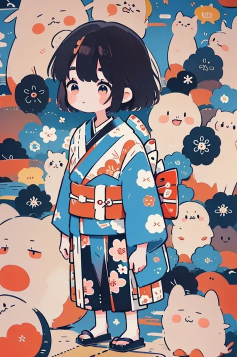 Japan Young Girl，Japan，kimono，draft style， correct anatomy ，Japanese pattern