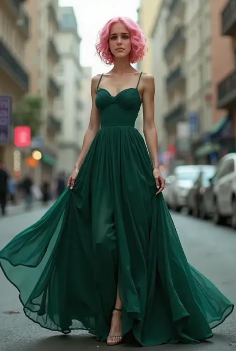 athletic woman with pastel pink hair and pale skin wearing a dark green balldress, posing on the streets