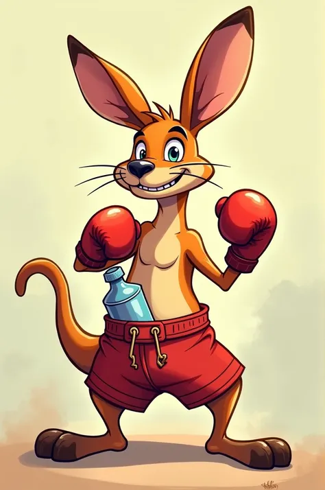 Cartoon, a boxing kangaroo with a water bottle in its pouch.