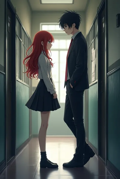 Josei anime style. A fantasy schoolgirl with long red hair and in japanese school uniform standing in the school corridor. A very handsome tall schoolboy with long black hair looks at her flirting, his eyes are big, blue and cunning, ge is standing near he...