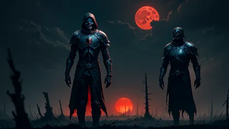 a Death Knight , dark and eerie Evening landscape,  A disturbing and threatening atmosphere, dead trees, cracked earth,  Bright red moon , Ominous clouds, decaying ,  skeletal figures , horror, macabre, siniestro, ( masterpiece , top quality,  The best qua...