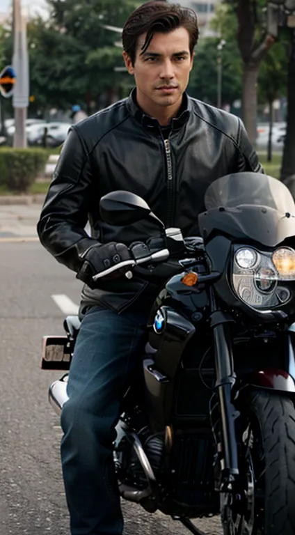 Handsome dark-haired man. On a Bmw motorcycle