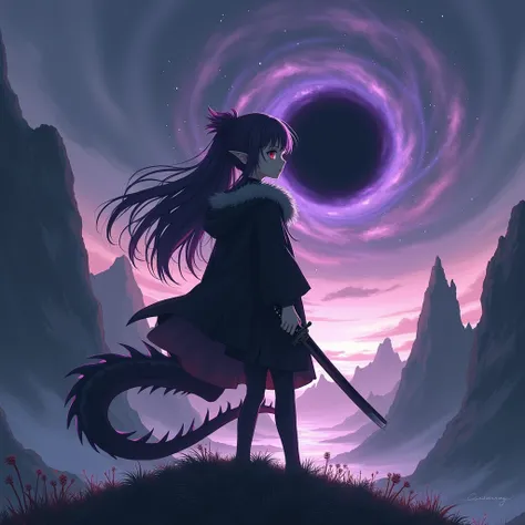 (1 girl, ), anime, right eye red and left eye gray, long hair, purplish black hair, ears pointy , tail dragon, black furry jacket, carrying a katana, has a purplish black aura, sad, standing on a hill in between cliffs, black hole, High Resolution, High De...