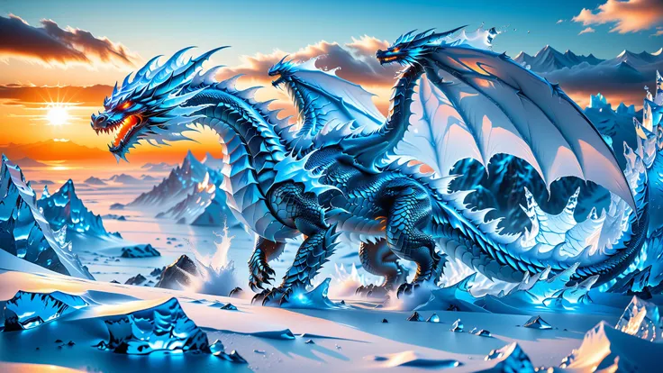 A Masterpiece In 32K Resolution, Supreme Quality, Super Detail, Official Art, Very High-Resolution 32K Wallpaper, Beautiful And Aesthetic, Ultra-Detailed Features, Awe-Inspiring Detail. Set On An Ice-Covered Volcano, Jagged, Frozen Rocks Are Covered With T...