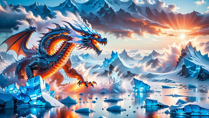 A Masterpiece In 32K Resolution, Supreme Quality, Super Detail, Official Art, Very High-Resolution 32K Wallpaper, Beautiful And Aesthetic, Ultra-Detailed Features, Awe-Inspiring Detail. Set On An Ice-Covered Volcano, Jagged, Frozen Rocks Are Covered With T...