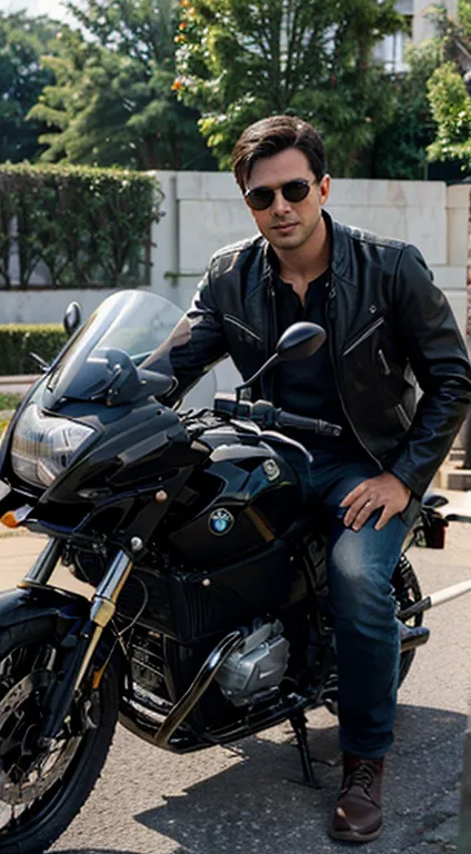 Handsome dark-haired man, wears Rayban Aviator Sunglasses, On a Bmw motorcycle