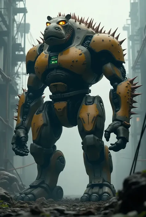 photorealistic monster robot titan, hippo body, durian fruit body, highly detailed, 8k, ultra-detailed, masterpiece, cinematic lighting, intricate machinery, glowing eyes, menacing presence, organic and mechanical fusion, dramatic angles, dynamic pose, adv...