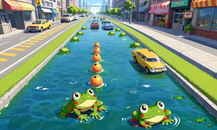 (retro 8 bit arcade game Frogger) a cute woman (role of frogger) attempting to cross a busy road with many lanes of traffic and a ditch in-between the lanes of traffic filled with water and crocodiles, busy city
