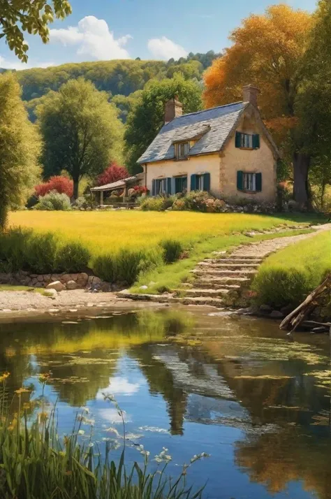 an idyllically tranquil rural scene, the vibrant colors of a sunny day, hyper realistic, volumetric light, an impressive masterpiece, fine details, (masterpiece:1.2), best quality