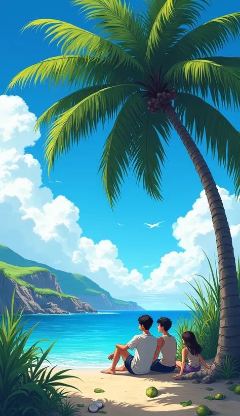 a man, two teenagers and one  sitting under a beautiful coconut tree near a  cliff ,leftovers from the tree, seeing a vast blue sky and calm seas with white fluffy clouds and bright edges and brush strokes , tall grasses stones, , anime art wallpaper 4k, a...