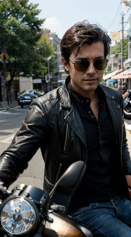 Handsome dark-haired man, wears Rayban Aviator Sunglasses, Riding a heavy BMW motorcycle, (eyes to camera, looking at viewer), (Medium shot)