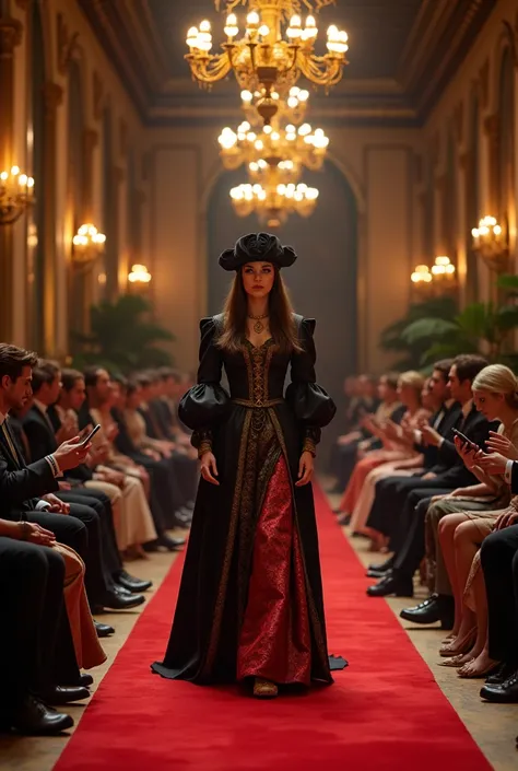 （masterpiece、high quality、High image quality、4K、8k、 Details）、 fashion show that uses a palace as a runway wearing medieval European court dresses 、Several beautiful female models and gentleman models are looking at 、 in fashion with the motif of medieval E...