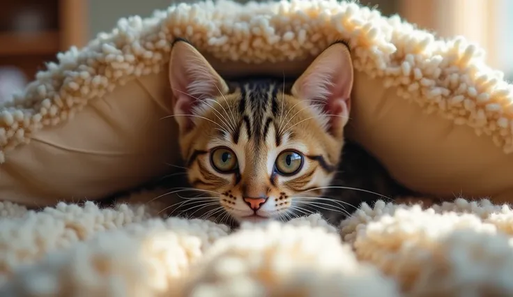 C - Cat: A curious cat peeking out from behind a cozy couch cushion