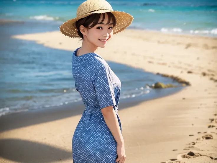 Girl looking back ,  wearing a polka dot yukata , Wearing a straw hat, short brown mushroom hair , smiling, Standing on the beach,Detailed face,  realistic, 8k, masterpiece, Vibrant colors, Cinema Lighting, 