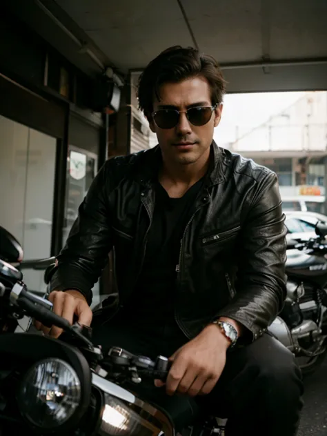 Handsome dark-haired man, wears Rayban Aviator Sunglasses, Riding a heavy BMW motorcycle, (eyes to camera, looking at viewer), (Medium shot)