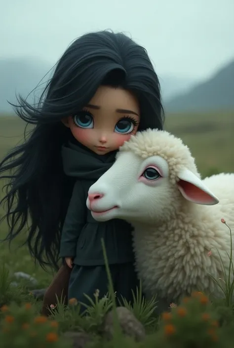 Bleu eyes, long black hair sheep, standing in Greenland lashes, staring  its owner, owner  also  looking  it with love 