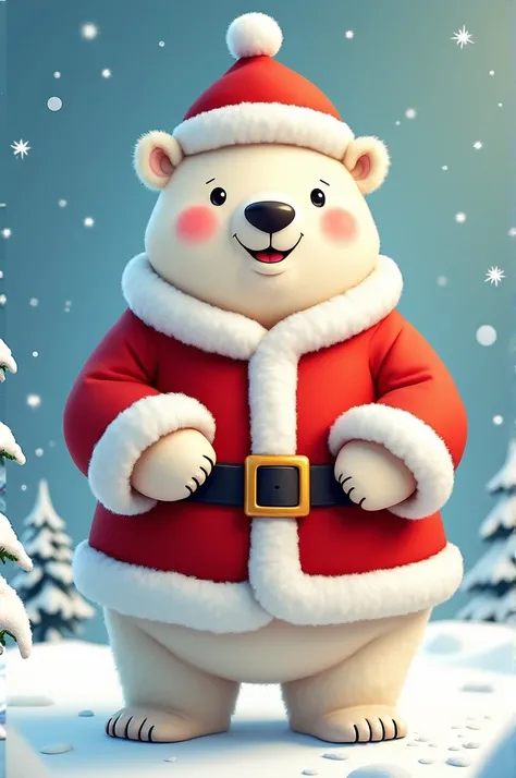 Cartoon, a polar bear wearing Santas outfit, with paws 