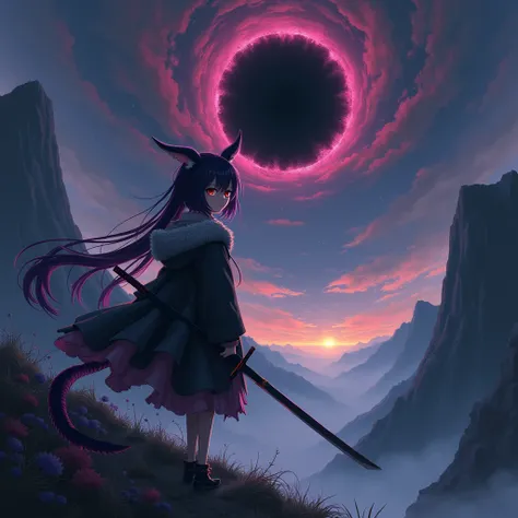 (1 girl, ), anime, right eye red and left eye gray, long hair, purplish black hair, ears pointy , tails dragon, black furry jacket, carrying a katana, has a purplish black red aura, sad, standing on a hill in between cliffs, black hole, High Resolution, Hi...