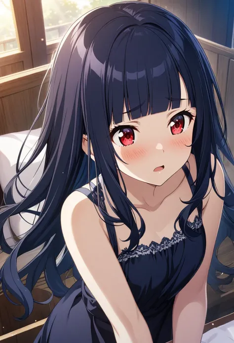 1, girl, dark blue hair, long hair, square bangs, red eyes, dark blue dress, , CG