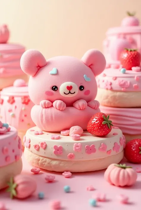  cute fabric patchwork、pop、Highest quality、Ultra delicate、3d,4D ,、 pastel color、popアップ、Strawberry cake