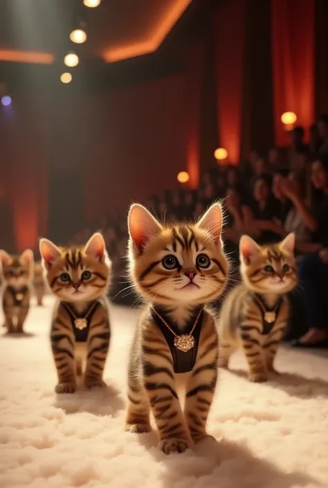  A fashion show starring dozens of kittens with the cutest brown tiger pattern in the world、Realistic、Enthusiastic audience 