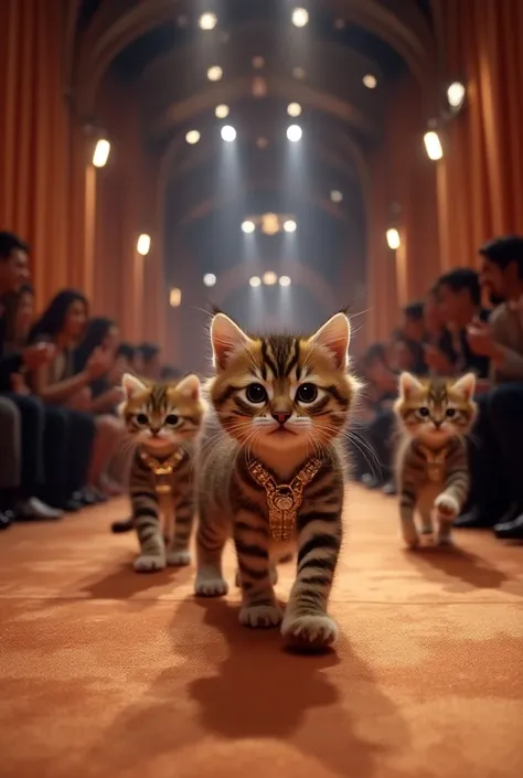  A fashion show starring dozens of kittens with the cutest brown tiger pattern in the world、Realistic、Enthusiastic audience 