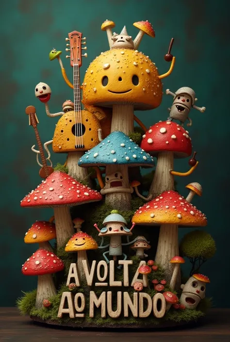 Create a Logo Like the name A VOLTA AO MUNDO with CAPITAL LETTERS with single sources various musical instruments Full HD 4k sound puppets with various mushrooms and robots 