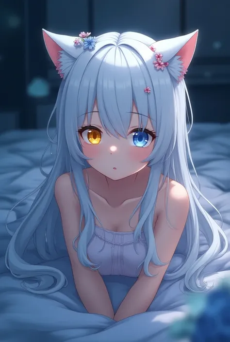 insanely detailed ,ultra detailed ,top quality ,best quality ,highres ,One girl, Long Hair, Cat ears, White Hair，heterochromia ,Right eye yellow，Left eye blue，anime, bedroom，Lying in bed，Best best quality Quality, night