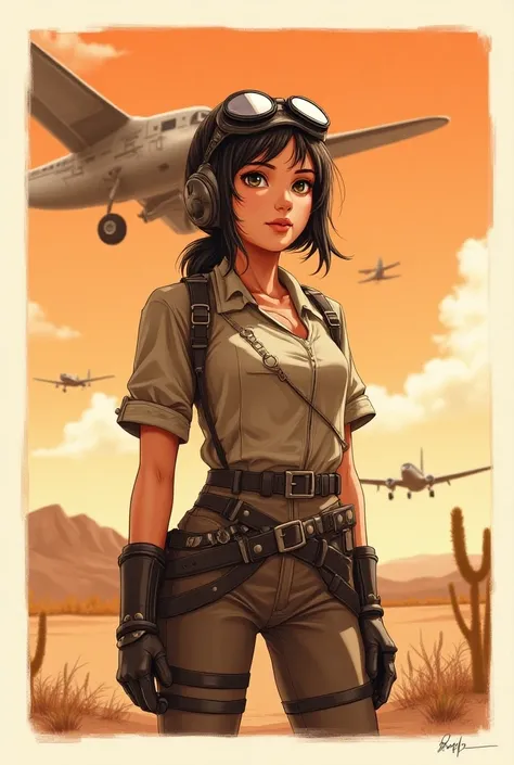 1girl, aircraft, airplane, border, colored pencil , (medium), desert, eyewear on head, goggles, goggles on head, goggles on headwear, graphite , orange theme, painting , photo , pilot, sepia, signature, solo, steampunk, sunglasses, traditional media, water...