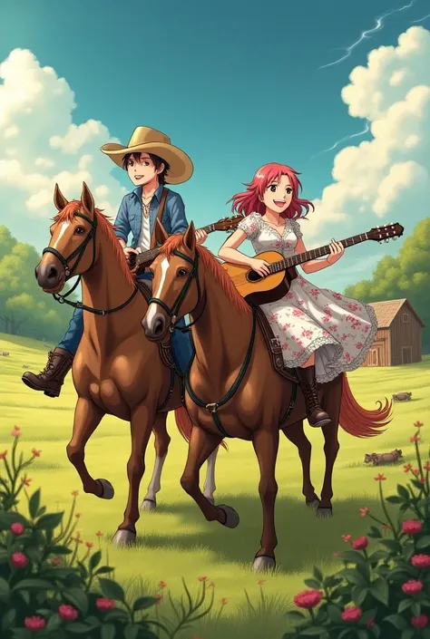 Anime Natsu and Lucy country singers riding horses
