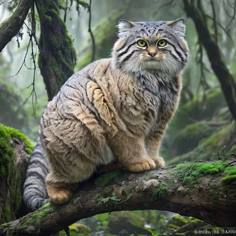 manul 20,  ansel adams style ,  spectacular full body view of manul cat sitting on an old tree branch in a primitive forest in c...