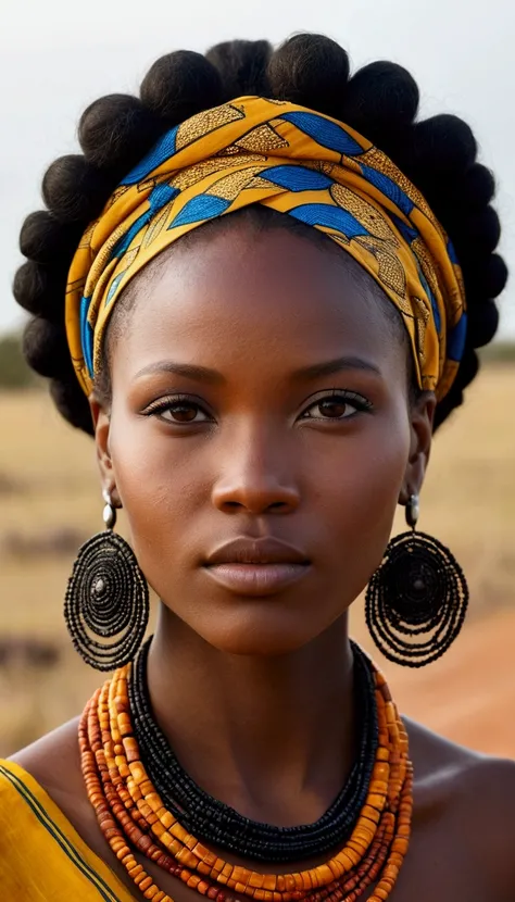 Imagine Botswana as a beautiful woman with striking, regal features reflecting the rich culture and natural beauty of the country. Her skin has a warm, deep brown tone, like the earth of the Kalahari Desert, glowing with health and vitality. Her face is ov...