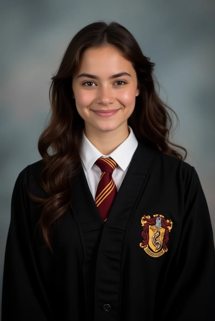 Picture a matured young adult girl with a long wavy dark brown hair wearing a classic Gryffindor uniform. She has a pretty and sweet smile dressed in a black Hogwarts robe with a small, visible Gryffindor crest on his chest. Shes also wearing a gryffindor ...