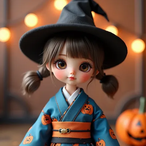 Cute  girl doll figure, Halloween party costume, black witch hat, blue Kimono with jack-o-lantern stickers