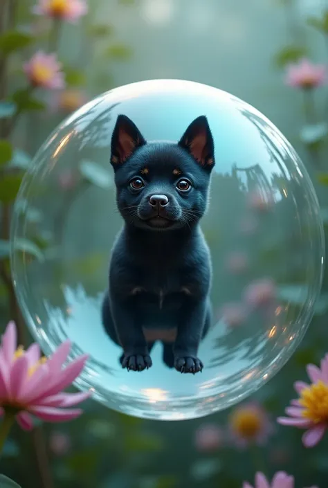 Black baby Shiba crossed by Jack Russel Noir in an oxygen bubble surrounded by the softness of a magic flower 