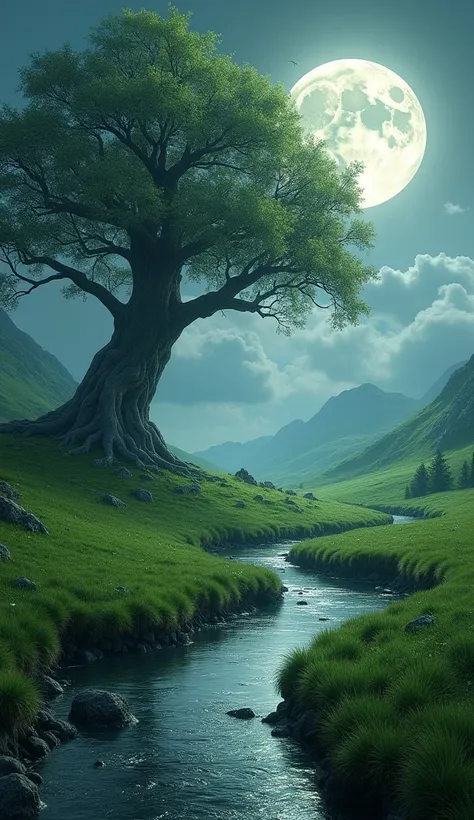 A valley, green grass, Full moon, In the middle of the valley a big tree, Next to the big tree a small stream 