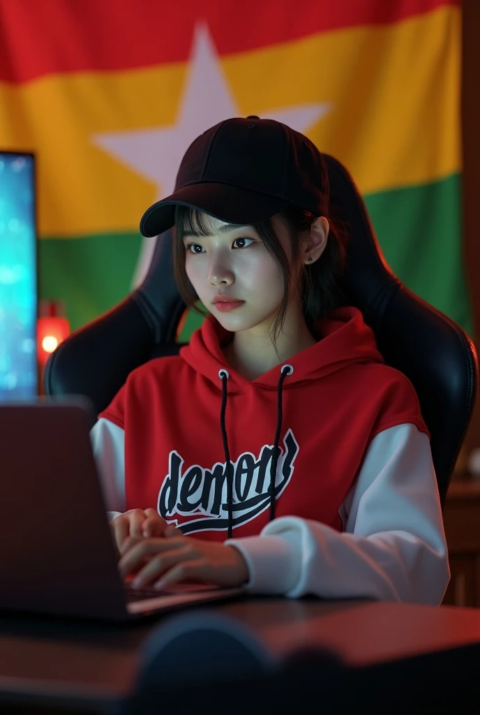 Hyper realistic photo of a 23 year old Korea woman sitting in a gaming chair, there is a table in front of the woman in the room in the corner of the room, the woman is wearing a black snapback hat, a red and white hoodie that says "DEMON" and is holding a...