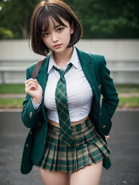 ｛wet blazer and dark green tie ｝,     wet clothes ,cute short haired high school girl wearing blazer and long Plaid dark green tie,   ｛｛｛see through｝｝｝, cute short-haired schoolgirl wearing a pleated Plaid skirt ,Panty shot,Cute short-haired schoolgirl wit...