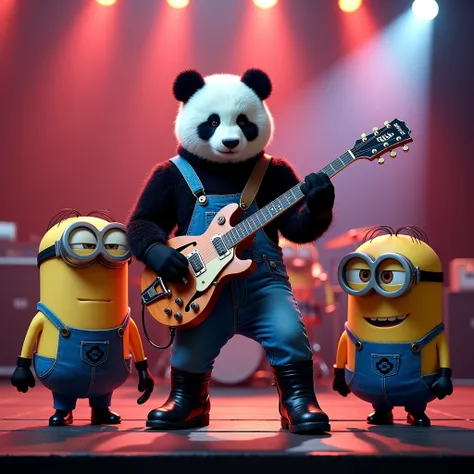  Minions and pandas are doing a live rock and roll live performance 。
The panda is a guitar in a 3-piece band
One of the minions is bass 、 and the other is a drum
Panda is playing Gretschs Tennessee Rose
All clothes are denim overalls and black boots
The v...