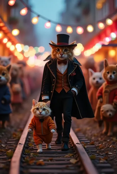 Fluffy cat in small clothes ,  Man in a fashionable Halloween costume,  is walking along the track watching the colorful lights and the audience of other adorable animals.  The cat takes a playful posture at the end of the track .
